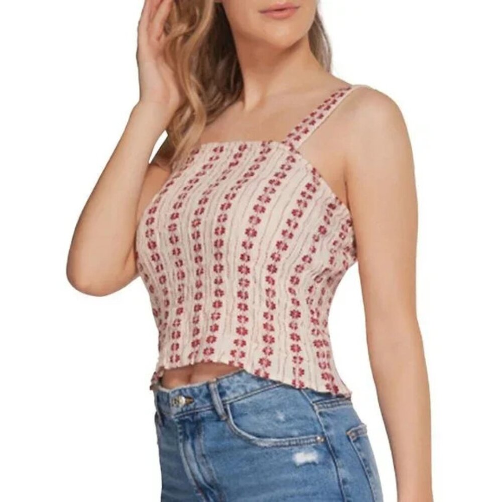 Dex Smocked Crop Tank Top 70s Vintage Print